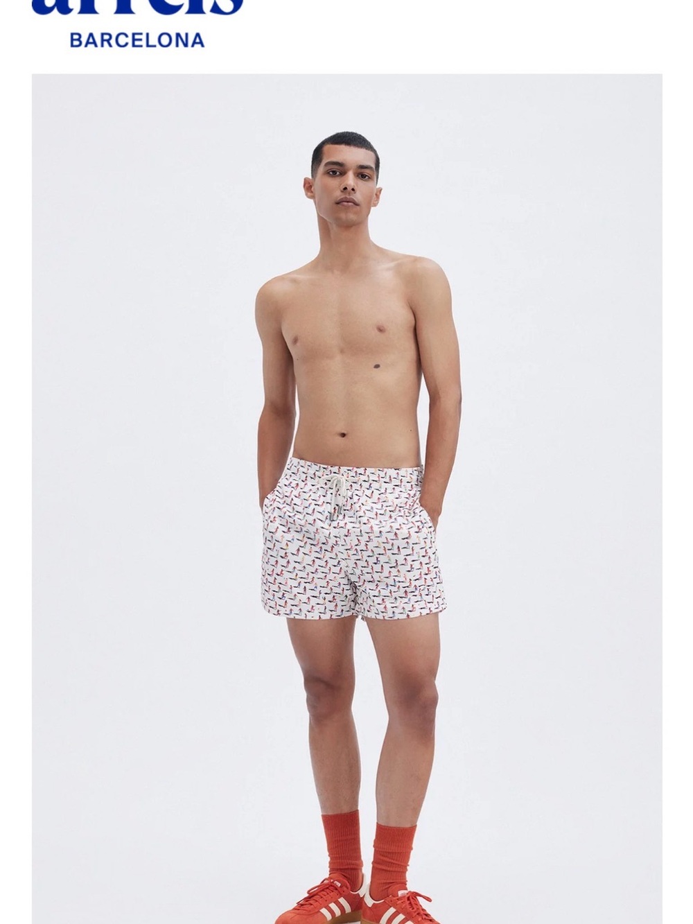 Barcelona Swim Trunks in White with Red Pattern